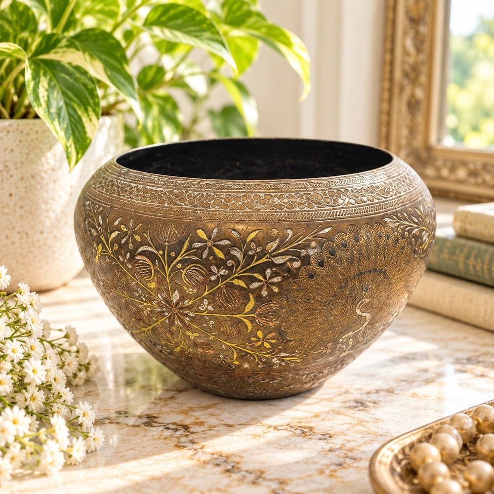 Vintage Antique Brass Peacock Bowl Hand Etched Enamel Floral Decorative